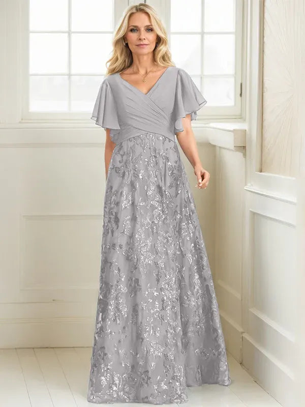 A-Line V-Neck Floor-Length Lace and Sequin Chiffon Mother of the Bride Dress with Pleats