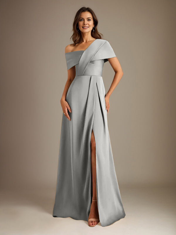 A-Line Satin Mother of the Bride Dress with Asymmetrical Neckline, Floor-Length, and Pleated Design
