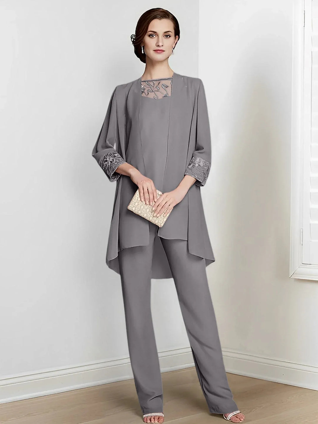 Chiffon Long Sleeve Mother of the Bride Pantsuit with Jacket
