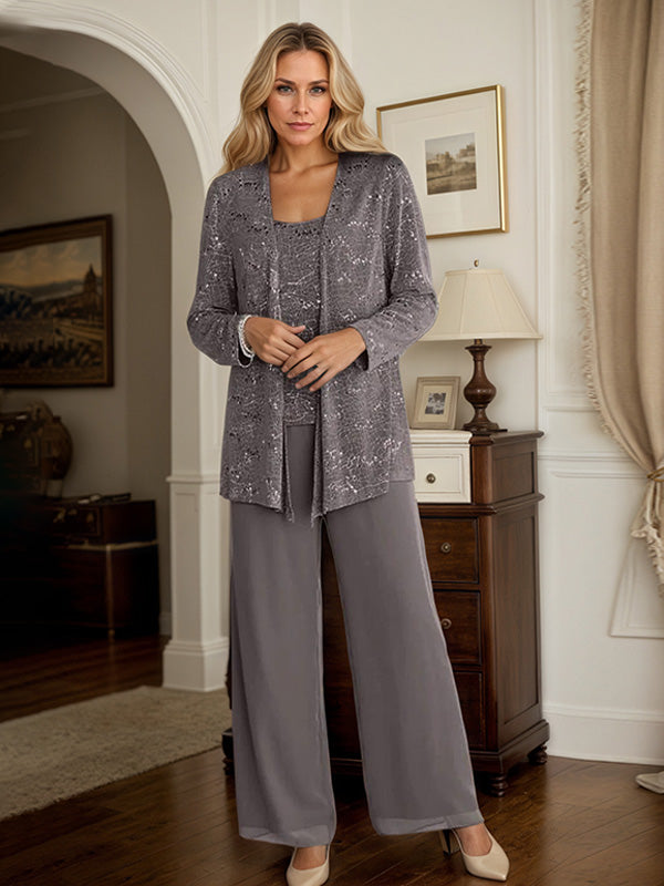 Chiffon Mother of the Bride Pantsuit Set with Jacket and Sequins