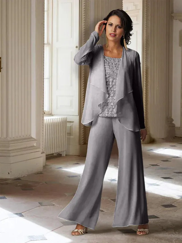 Chiffon Long Sleeve Mother of the Bride Pantsuit with Jacket