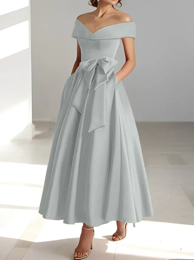 A-Line Off-the-Shoulder Sleeveless Ankle-Length Mother of the Bride Dress with Pockets