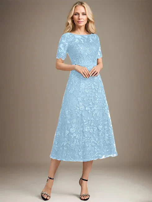 A-Line Scoop Neck Illusion Tea-Length Lace Mother of the Bride Dress with Sequins