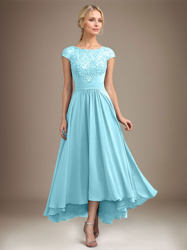 A-Line Scoop Neck Illusion Asymmetrical Lace Chiffon Mother of the Bride Dress with Pleats