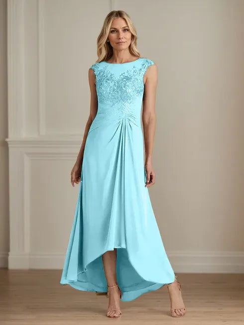 Champagne A-Line Lace and Chiffon Scoop Neck Dress