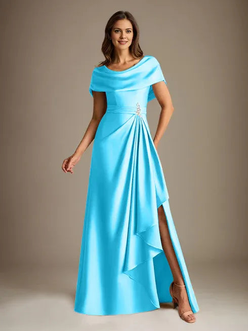 A-Line Scoop Neck Floor-Length Stretch Satin Mother of the Bride Dress with Cascading Ruffles