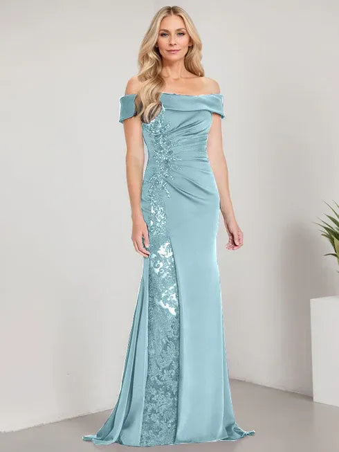 A-Line Off-the-Shoulder Floor-Length Mother of the Bride Dress with Appliqué Beadings and Mermaid Silhouette Featuring a High Split
