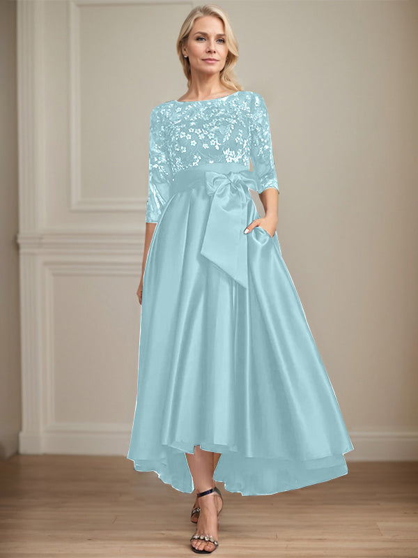 A-Line Scoop Neck Illusion Asymmetrical Satin Lace Mother of the Bride Dress with Bow