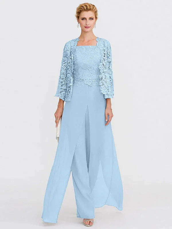 3-Piece Chiffon Square Neck Mother of the Bride Pantsuit Set with Jacket
