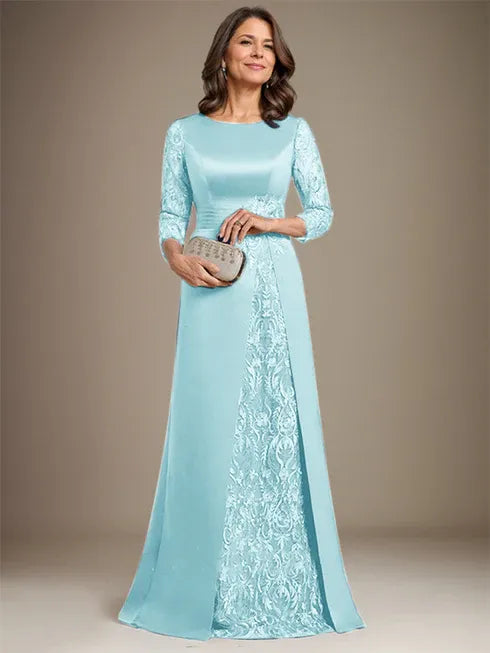 Floor-Length A-Line Lace Satin Mother of the Bride Dress with Scoop Neck and Applique