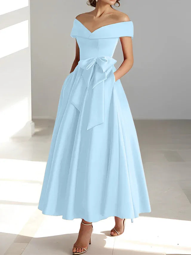 A-Line Off-the-Shoulder Sleeveless Ankle-Length Mother of the Bride Dress with Pockets