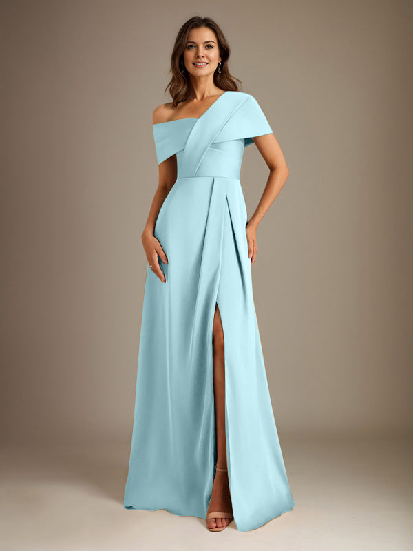A-Line Satin Mother of the Bride Dress with Asymmetrical Neckline, Floor-Length, and Pleated Design