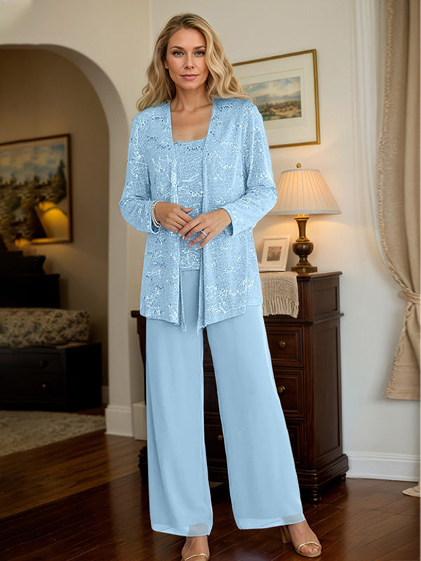 Chiffon Mother of the Bride Pantsuit Set with Jacket and Sequins