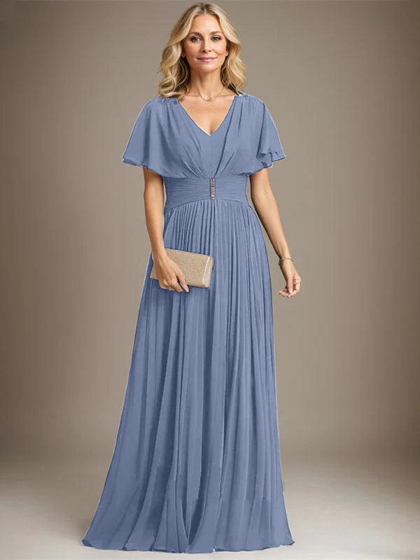A-Line V-Neck Floor-Length Chiffon Mother of the Bride Dress with Crystal Brooch and Pleated Design