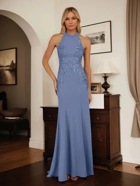 Dusty Blue Sheath Halter Mother of the Bride Dress with Appliqué Details
