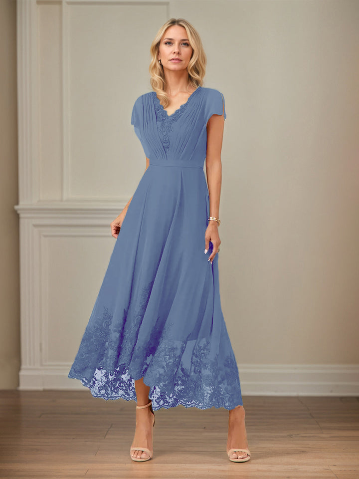 A-Line V-Neck Flutter Sleeve Chiffon Dress with Appliques and Ankle Length