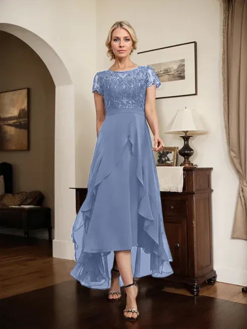A-Line Scoop Neck Illusion Asymmetrical Chiffon Lace Mother of the Bride Dress with Bow, Ruffle, and Sequins