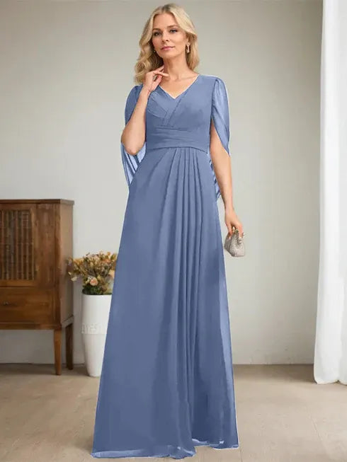 Dark Navy A-Line V-Neck Long Mother of the Bride Dress