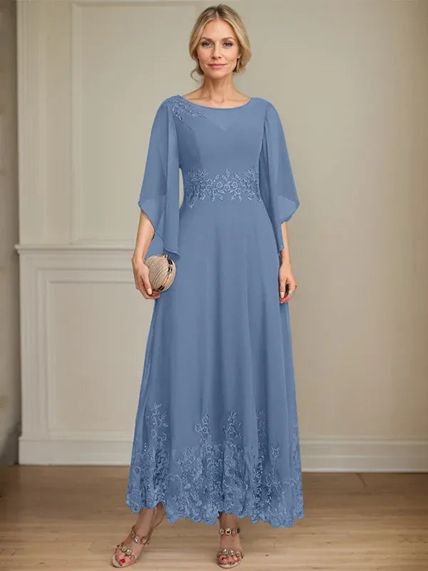 A-Line Scoop Neck Illusion Lace Chiffon Mother of the Bride Dress with Sequins and Ankle-Length Hem