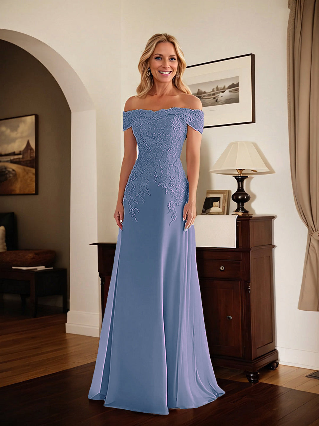 Elegant Taupe Off-the-Shoulder Lace Sheath Dress for Mother of the Bride