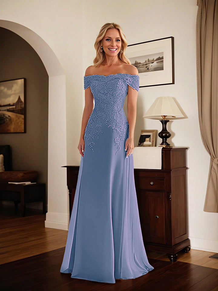 Elegant Taupe Off-the-Shoulder Lace Sheath Dress for Mother of the Bride