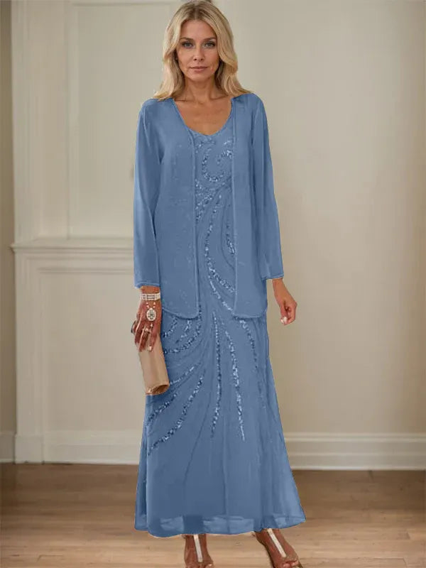 V-Neck Sheath/Mother of the Bride Ankle-Length Dress with Jacket & Sequins