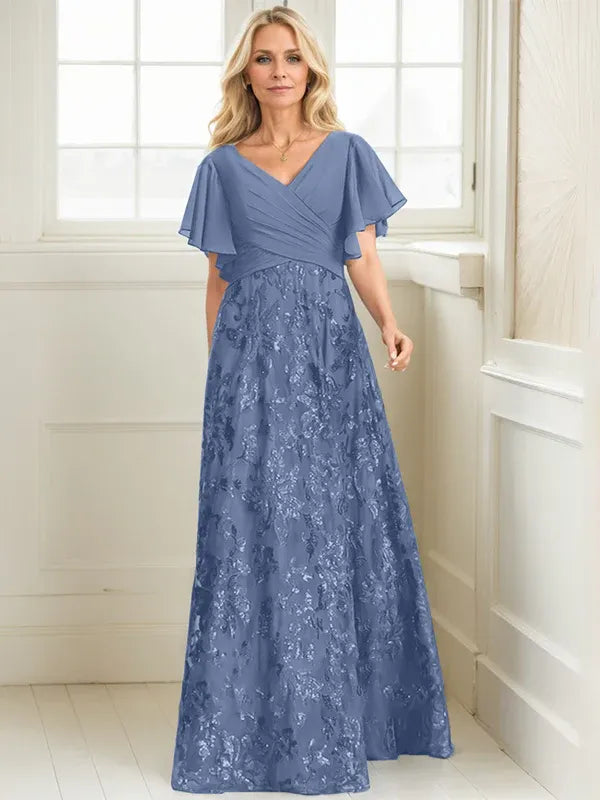 A-Line V-Neck Floor-Length Lace and Sequin Chiffon Mother of the Bride Dress with Pleats