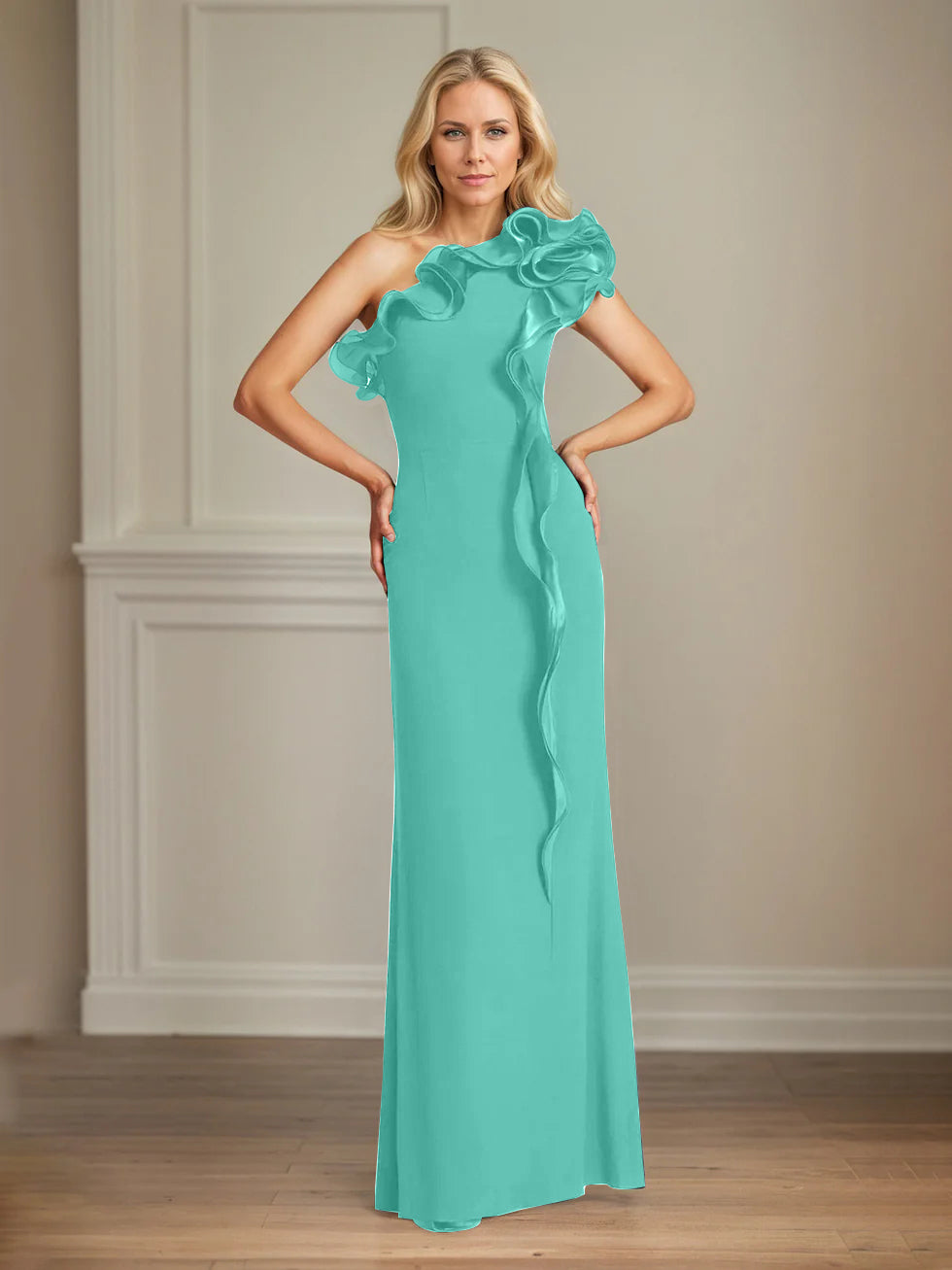 Navy Stretch Crepe One-Shoulder Sheath Dress with Ruffles – Floor-Length Mother of the Bride Gown