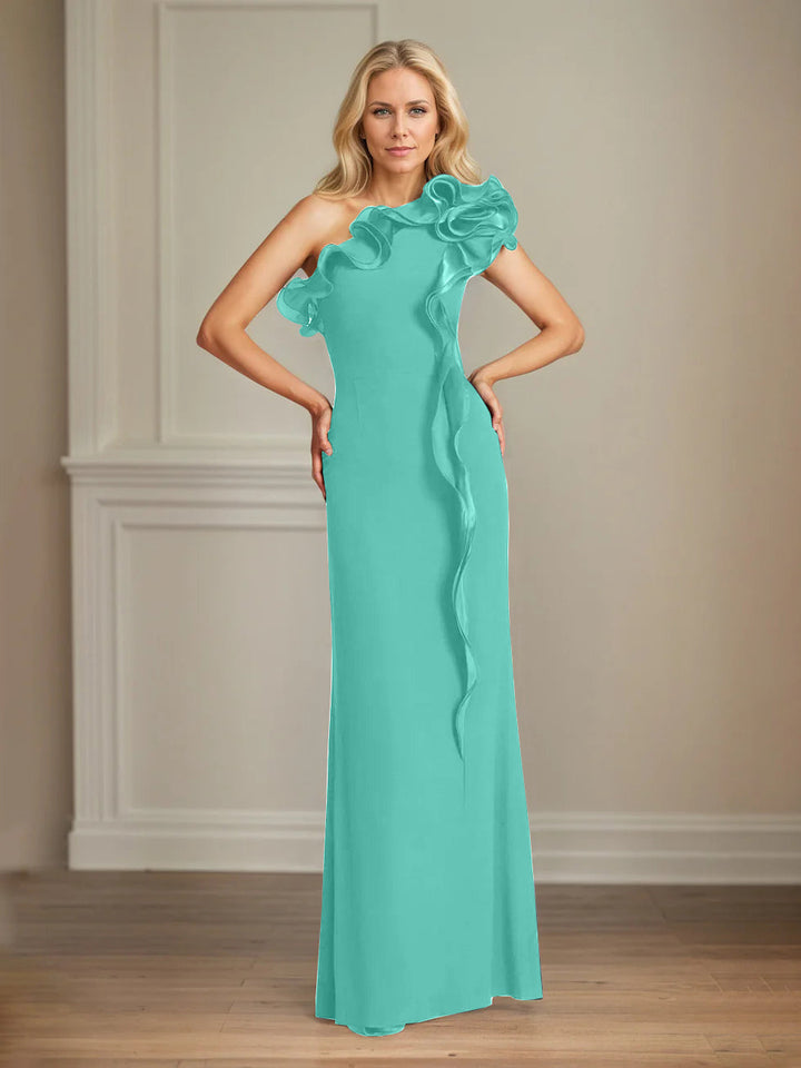 Navy Stretch Crepe One-Shoulder Sheath Dress with Ruffles – Floor-Length Mother of the Bride Gown