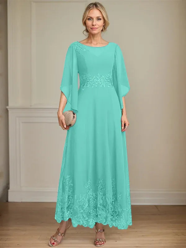 A-Line Scoop Neck Illusion Lace Chiffon Mother of the Bride Dress with Sequins and Ankle-Length Hem