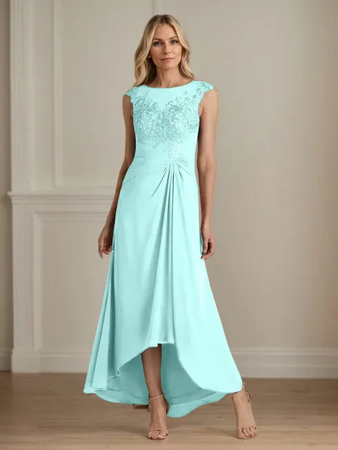 Champagne A-Line Lace and Chiffon Scoop Neck Dress
