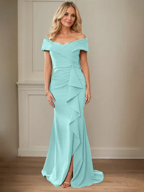 Floor-Length Lace and Chiffon Mother of the Bride Dress with Sheath/Column V-Neck Illusion and Pleated Sequins
