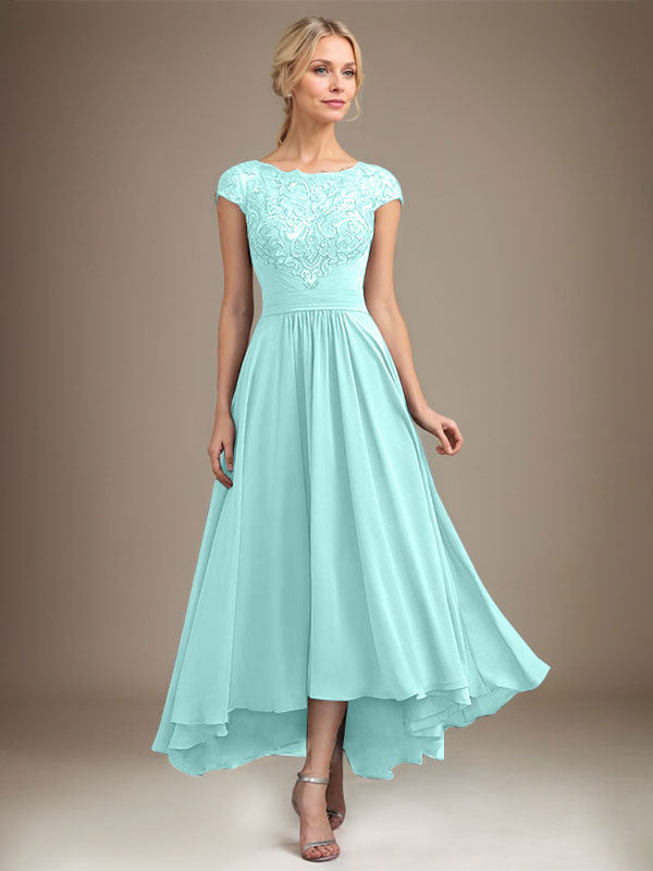 A-Line Scoop Neck Illusion Asymmetrical Lace Chiffon Mother of the Bride Dress with Pleats