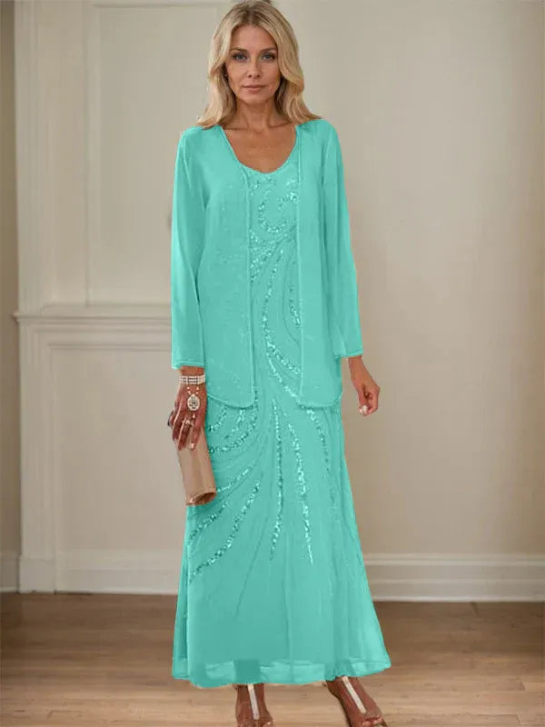 V-Neck Sheath/Mother of the Bride Ankle-Length Dress with Jacket & Sequins