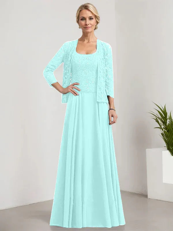 A-Line Square Neck Floor-Length Lace and Chiffon Mother of the Bride Dress with Sequins