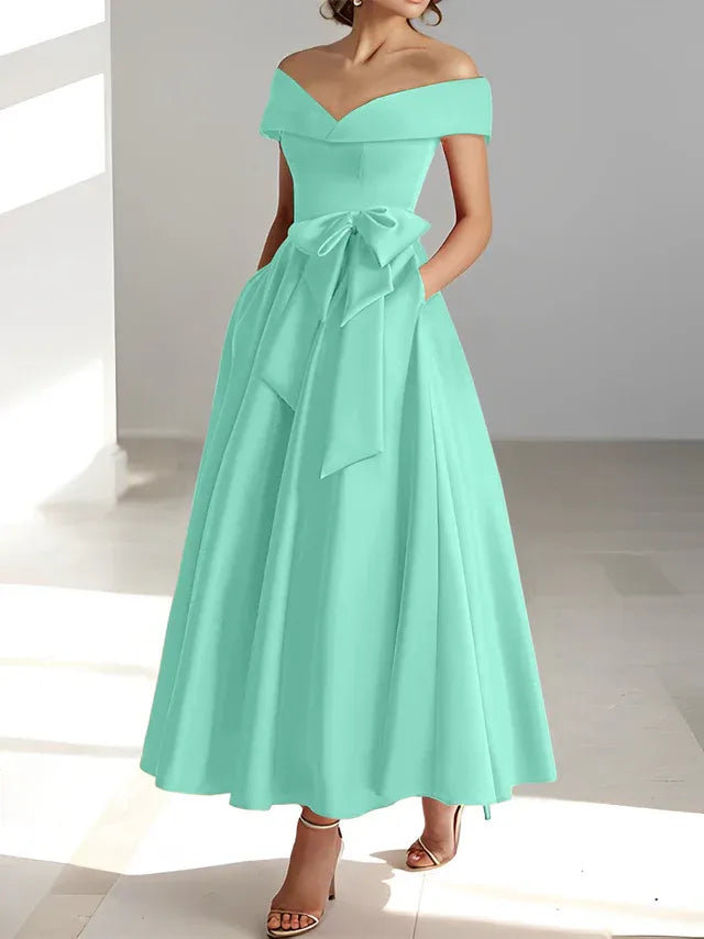 A-Line Off-the-Shoulder Sleeveless Ankle-Length Mother of the Bride Dress with Pockets