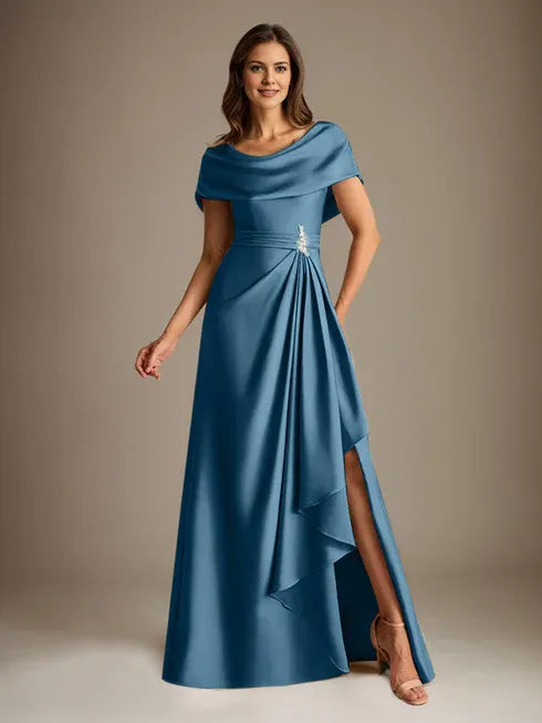 A-Line Scoop Neck Floor-Length Stretch Satin Mother of the Bride Dress with Cascading Ruffles