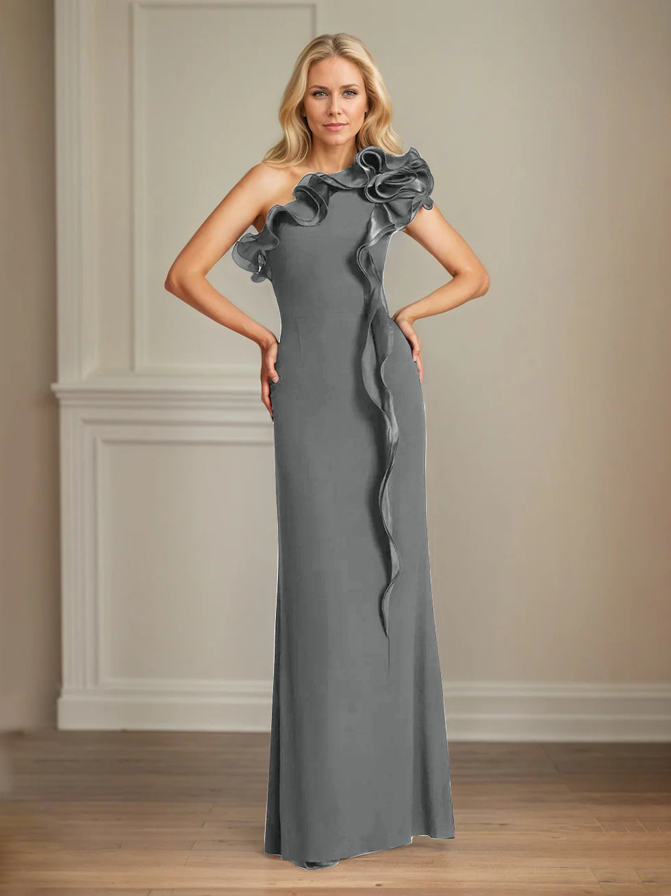 Navy Stretch Crepe One-Shoulder Sheath Dress with Ruffles – Floor-Length Mother of the Bride Gown
