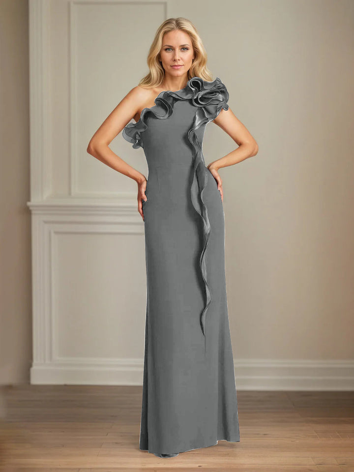Navy Stretch Crepe One-Shoulder Sheath Dress with Ruffles – Floor-Length Mother of the Bride Gown