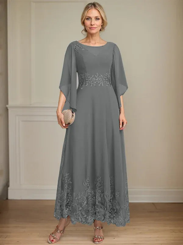 A-Line Scoop Neck Illusion Lace Chiffon Mother of the Bride Dress with Sequins and Ankle-Length Hem