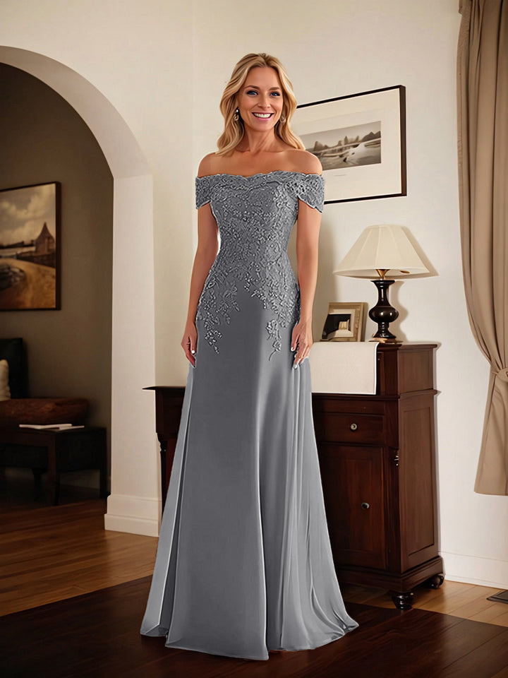 Elegant Taupe Off-the-Shoulder Lace Sheath Dress for Mother of the Bride