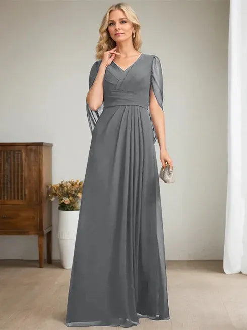 Dark Navy A-Line V-Neck Long Mother of the Bride Dress