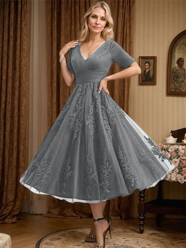 A-Line V-Neck Tea-Length Tulle Lace Mother of the Bride Dress with Pleats