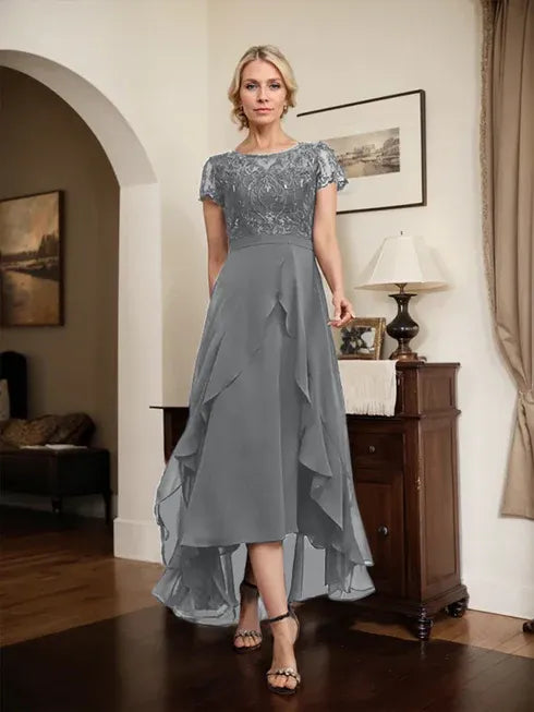 A-Line Scoop Neck Illusion Asymmetrical Chiffon Lace Mother of the Bride Dress with Bow, Ruffle, and Sequins