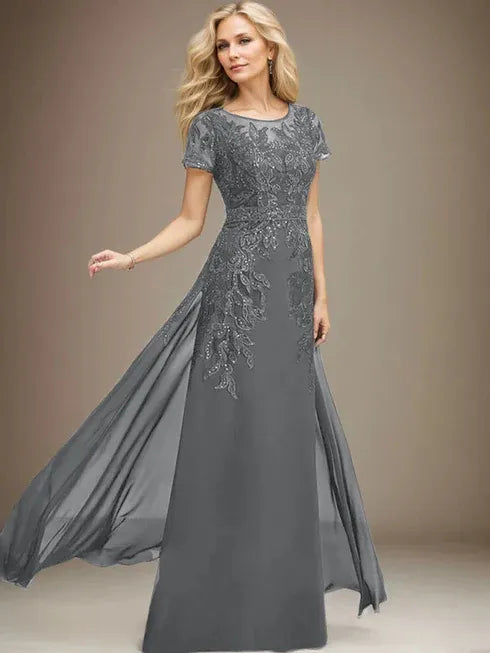 Floor-Length Lace Chiffon Mother of the Bride Dress with Sheath/Column Scoop Illusion and Sequins