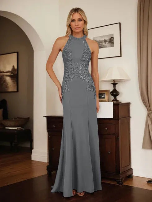 Dusty Blue Sheath Halter Mother of the Bride Dress with Appliqué Details