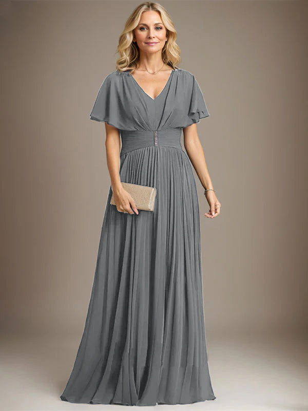 A-Line V-Neck Floor-Length Chiffon Mother of the Bride Dress with Crystal Brooch and Pleated Design