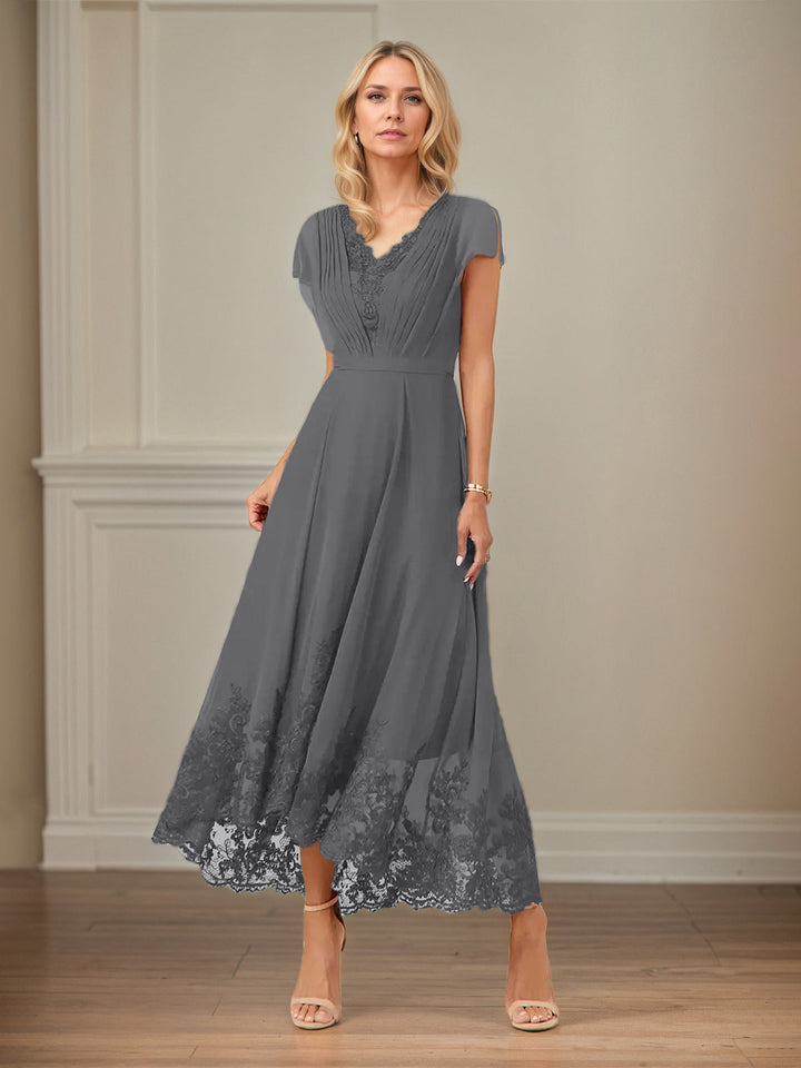A-Line V-Neck Flutter Sleeve Chiffon Dress with Appliques and Ankle Length