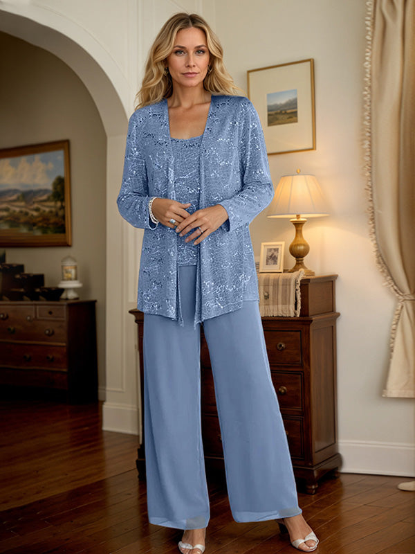 Chiffon Mother of the Bride Pantsuit Set with Jacket and Sequins