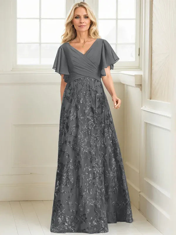 A-Line V-Neck Floor-Length Lace and Sequin Chiffon Mother of the Bride Dress with Pleats